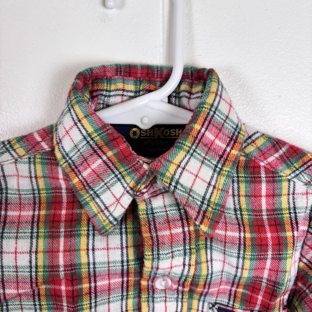 Vintage 90s OshKosh Boys Red Plaid Flannel‎ Shirt Size 3T Made In USA Blue Tag